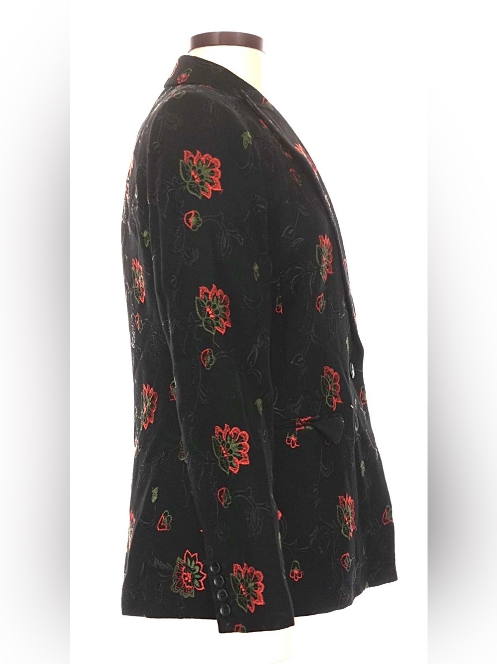 Vintage 90s Oscar by Oscar de la Renta Black Wool Embroidered Floral Blazer 6 - Picture 7 of 16